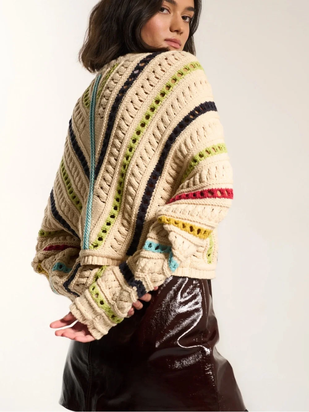 Callahan Cream Open-Knit Crewneck Sweater with Multi Stripes